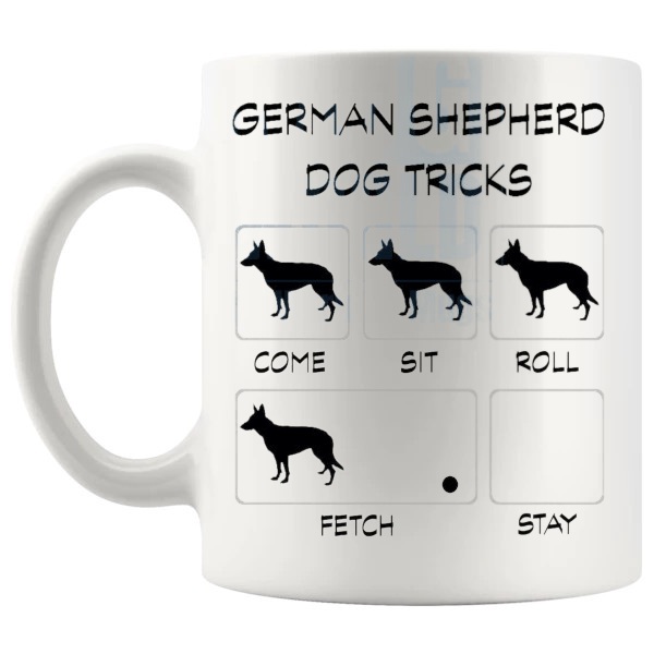 German Shepherd Tricks Mug funny dog breed gift for German Shepherd owners shown with handle on the left