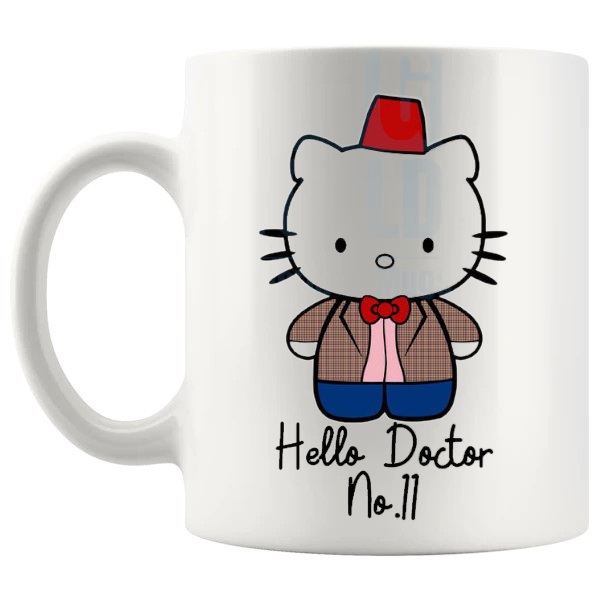 Hello Doctor No.11 Mug sci-fi TV fan gift with cute parody styling shown with handle on the left