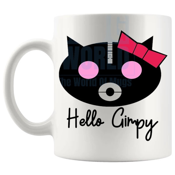 Hello Gimpy Mug Design 2 cheeky adult novelty gift with cute parody styling shown with handle on the left