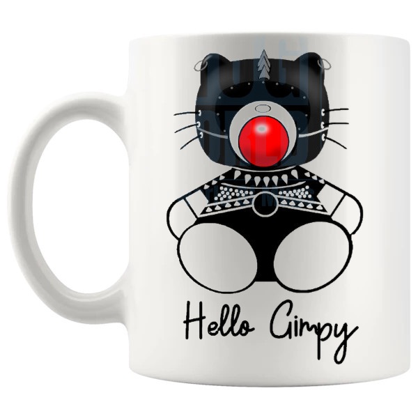 Hello Gimpy Mug cheeky adult novelty gift with cute parody styling shown with handle on the left