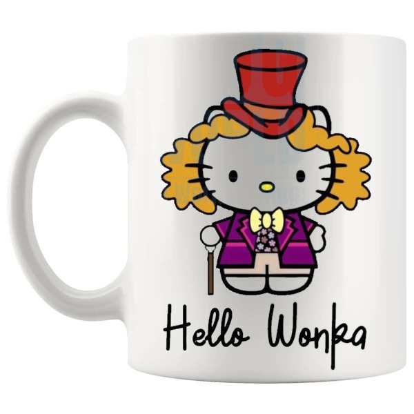 Hello Wonka Mug whimsical film fan gift with cute parody styling shown with handle on the left