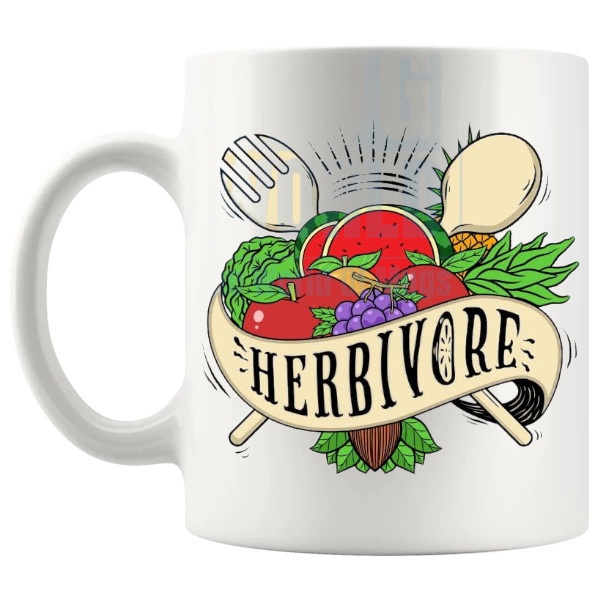 Herbivore Design Mug vegan vegetarian gift shown with handle on the left