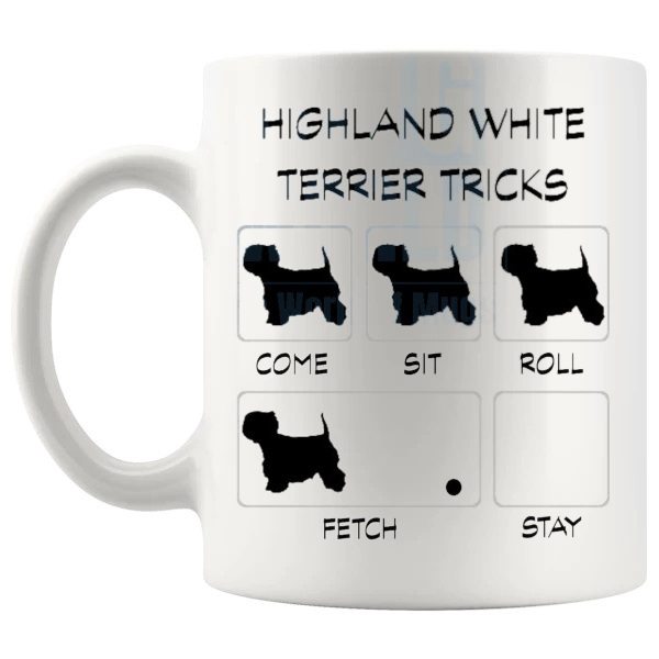 Highland White Terrier Tricks Mug funny dog breed gift for Highland White Terrier owners shown with handle on the left
