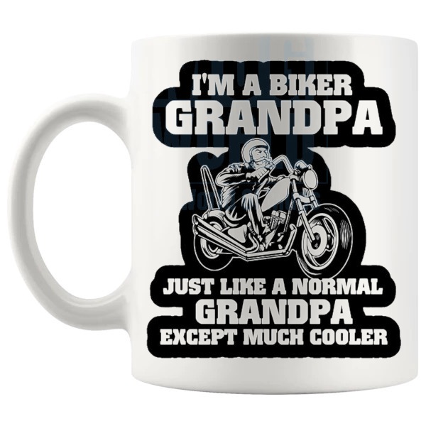 I'm A Biker Grandpa Mug funny motorbike gift for Grandpa shown with handle on the left