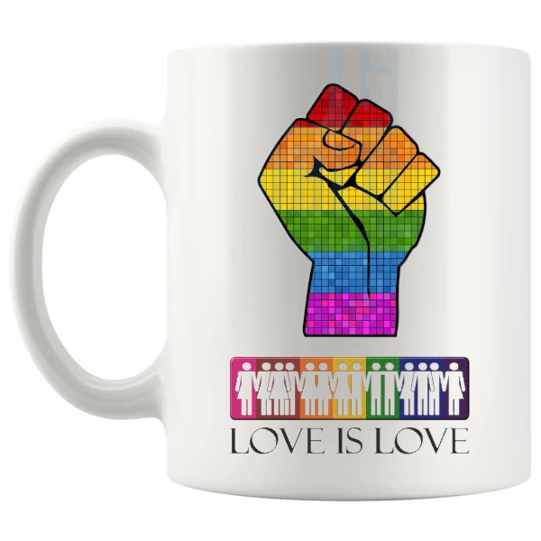 Love Is Love Standing Together LGBTQ Mug with supportive Pride message shown with handle on the left