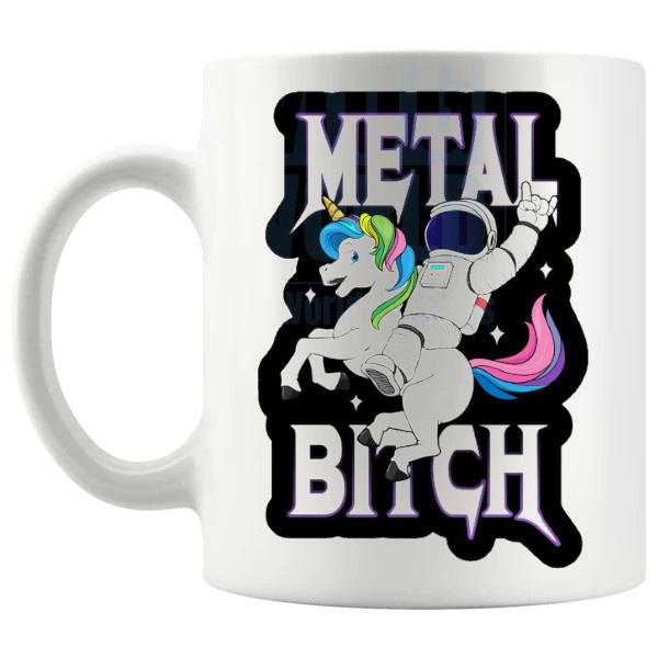 Metal Bitch Mug funny rude gift for metal fans shown with handle on the left
