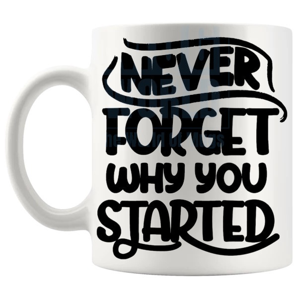 Never Forget Why You Started Mug with “Never Forget Why You Started” text design shown with handle on the left