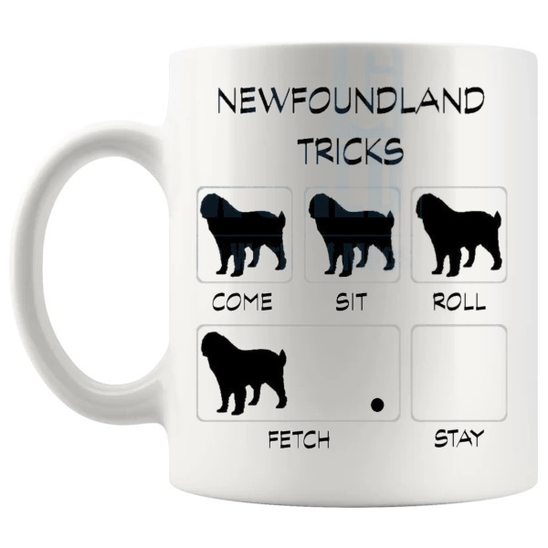 Newfoundland Tricks Mug funny dog breed gift for Newfoundland owners shown with handle on the left