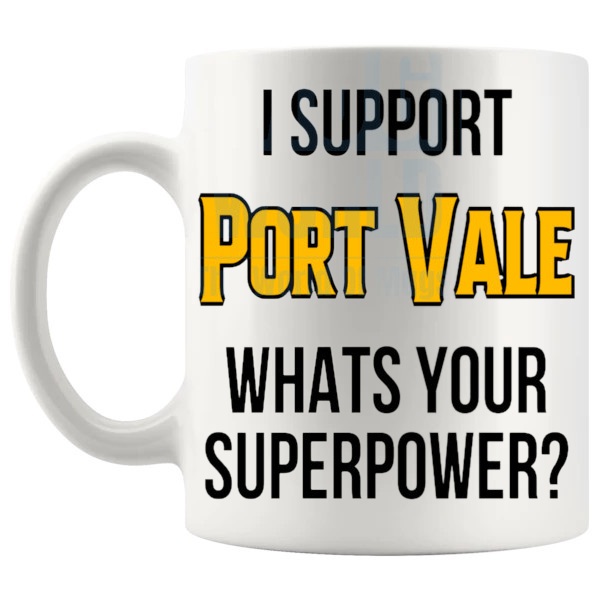 Port Vale Fans Superpower Mug unofficial football supporter gift for Port Vale fans shown with handle on the left