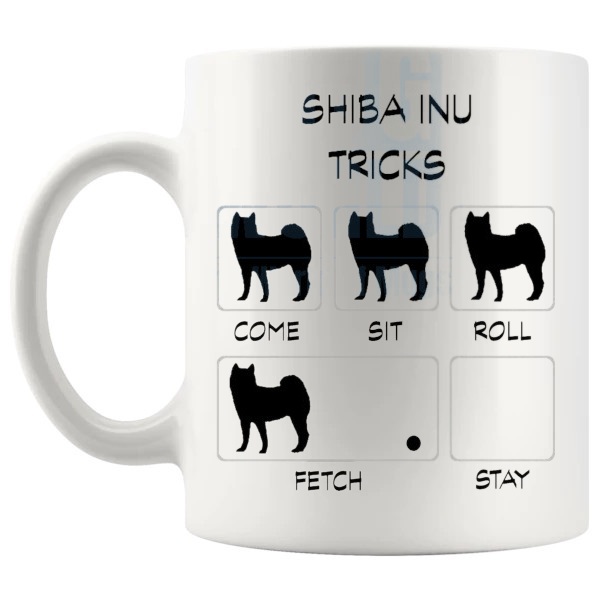 Shiba Inu Tricks Mug funny dog breed gift for Shiba Inu owners shown with handle on the left