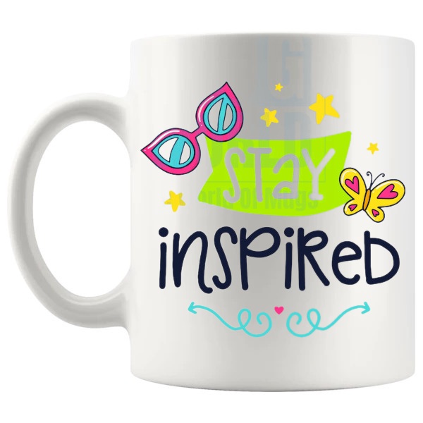 Stay Inspired Mug with “Stay Inspired” text design shown with handle on the left