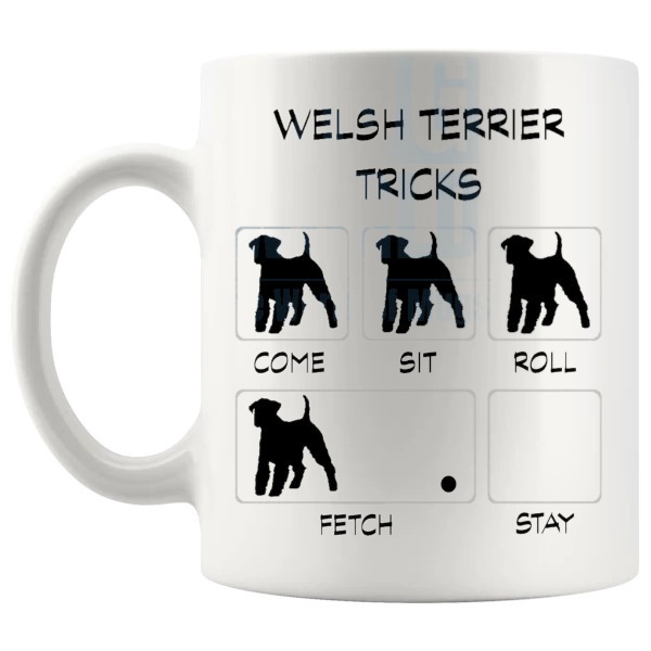 Welsh Terrier Tricks Mug funny dog breed gift for Welsh Terrier owners shown with handle on the left