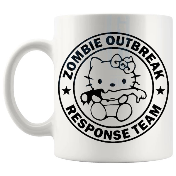 Zombie Outbreak Kitty Mug funny cute horror gift for zombie fans shown with handle on the left