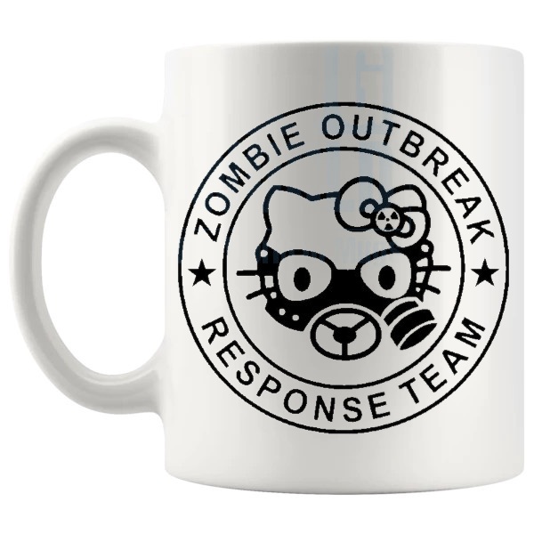 Zombie Outbreak Kitty Mug in Black funny horror gift for zombie fans shown with handle on the left