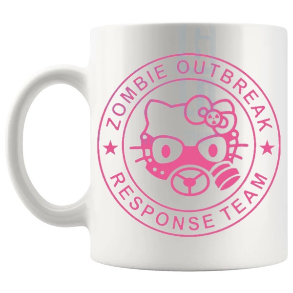Zombie Outbreak Kitty Mug in Pink cute horror gift for zombie fans shown with handle on the left
